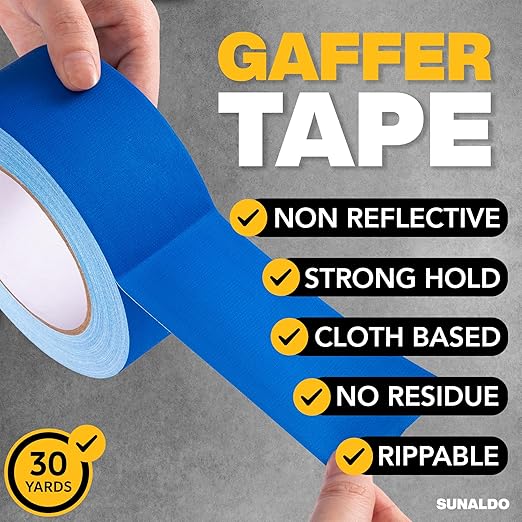 Gaffers Tape, Strong Hold, Easy to Rip, Residue-Free Professional Grade Floor Tape for Electrical Cords, Matte Finish, Non Reflective, Weather Resistant (1 Pack, Blue, 2" x 30 Yards)