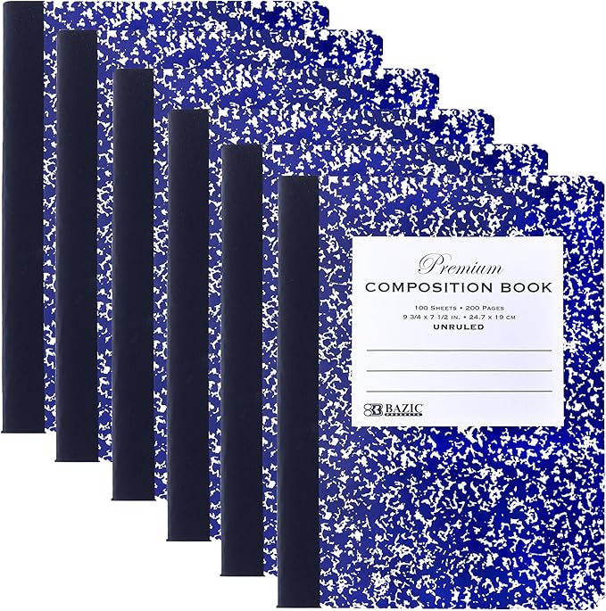 BAZIC Products Composition Book Blue Marble Unruled Ruled 100 Sheet Notebook, Blank Page Journal Comp Notebooks for School, 6-Pack