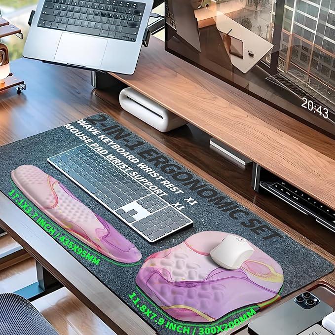2-in-1 Ergonomic Set, Wave Keyboard Wrist Rest and Massage Slope Mouse Pad Wrist Support, Rebound Memory Foam for Relieve Carpal Tunnel Syndrome and Wrist Pain (Pink Purple Marble)