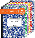 EPI 6 Pack - Assorted Colors Marble Composition Notebook - Wide Ruled 200 Page Note Book - 9.75 x 7.5 Inch Hardcover Journal with Sewn Binding for Secure Pages - Classroom Back To School Supplies