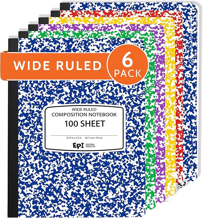 EPI 6 Pack - Assorted Colors Marble Composition Notebook - Wide Ruled 200 Page Note Book - 9.75 x 7.5 Inch Hardcover Journal with Sewn Binding for Secure Pages - Classroom Back To School Supplies