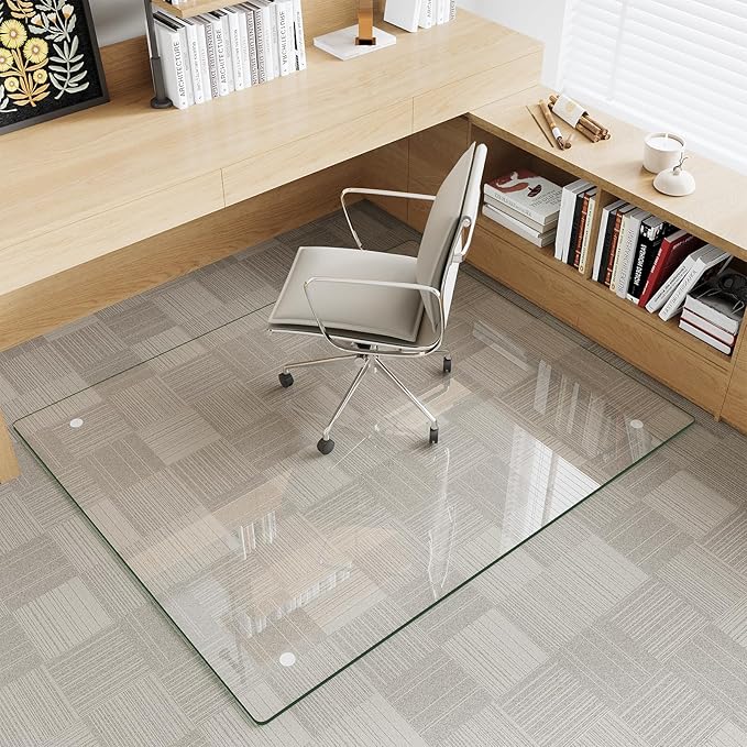 Tempered Glass Chair Mat for Carpet & Hard Floor, 40"x48" Office Chair Mat - Heavy Duty & Scratch Resistant, Non-Slip Pads, Rounded Corners & Polished Edges