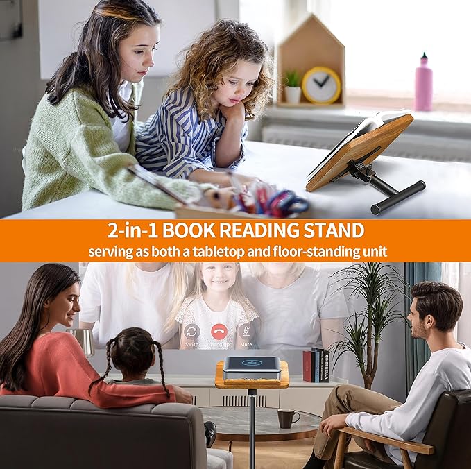 NAMON 2-in-1 Dual-use Floor & Desktop Book Stand, 100% Solid Wood, Height Adjustable from 16.5" to 51", Floor Reading Stand with Page Clip for Cookbooks, Sheet Music, Projector (with a T-Shaped)