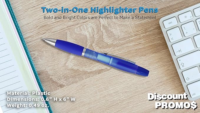 DISCOUNT PROMOS Two in one Highlighter Pens - 10 pack - Plastic Pens - Blue