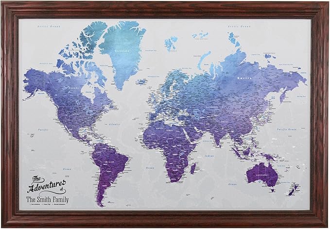 Canvas - Personalized Vibrant Violet World Push Pin Travel Map with Solid Wood Cherry Red Frame