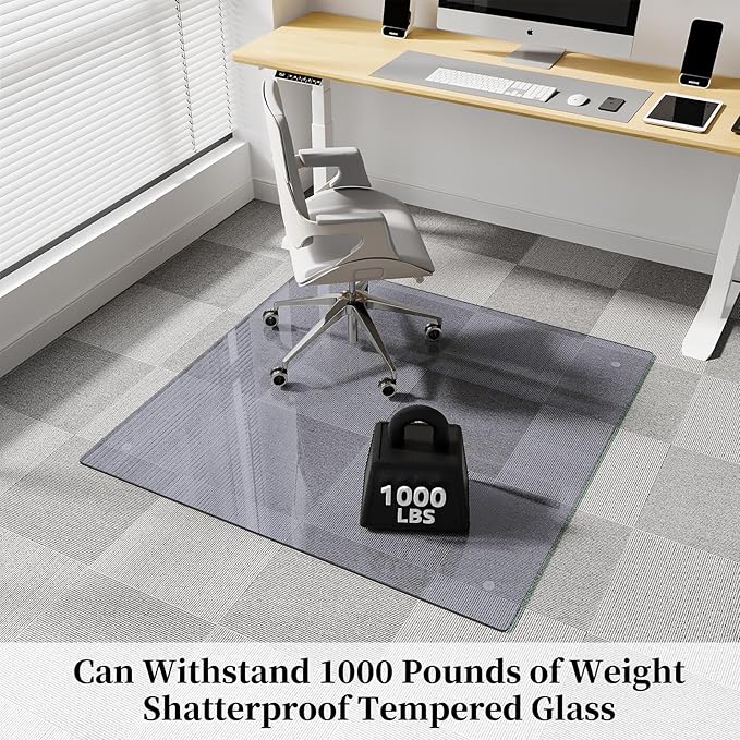 FlyEcho Glass Chair Mat 48" x 48" Heavy Duty Tempered Glass Office Chair Mat, Glass Floor Mat with Round Corner and Polished Edge for Smooth Glide, Carpet Hardwood Floor Protector, Grey