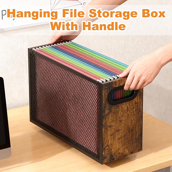 Piskyet Wooden Hanging File Organizer for desk, Metal Mesh File Folder Organizer Crate Cabinet Storage Box with Handle for Home Office Desk,Letter - Size,Rustic Brown