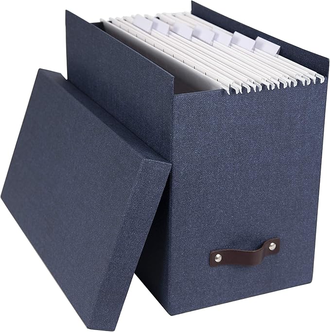 Bigso John Desktop File Box - File Storage Box and Document Organizer for Important Paperwork - Durable Hanging File Box with a Lid and Leather Handle - 7.36 in x 13.26 in x 10.51 in - Blue