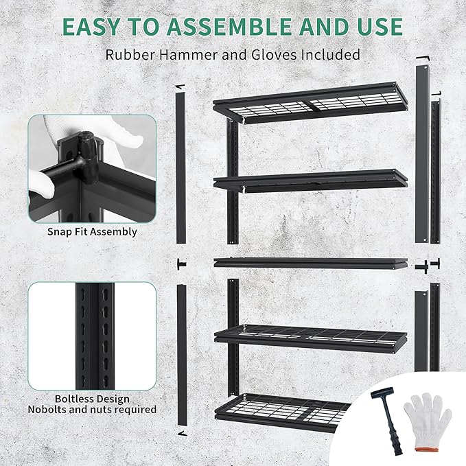 72" H Heavy Duty Garage Shelving, Metal Storage Shelves, 5 Tier Adjustable Storage Shelves, Industrial Utility Rack for Warehouse, Basement, Workshop, Kitchen, 16" D×35" W×72" H, Black