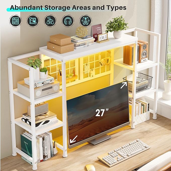 REIBII Desk Shelf with LED Light Strip,Adjustable 45.1" Desk Hutch Dorm with 5 Tier Display Shelf Rack,Desktop Bookshelf with Grid Panel & Hooks for Home, Office and Dorm, White