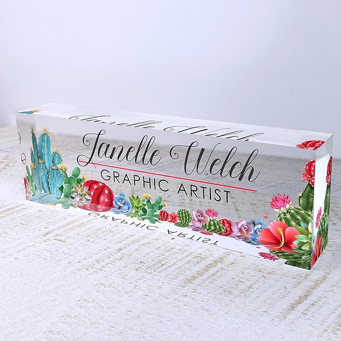 Artblox Office Desk Name Plate Personalized | Custom Name Plates for Desks | Cactus Design On Clear Acrylic Glass | Cute Office Desk Accessories Customized Gifts - (8" x 2.5")