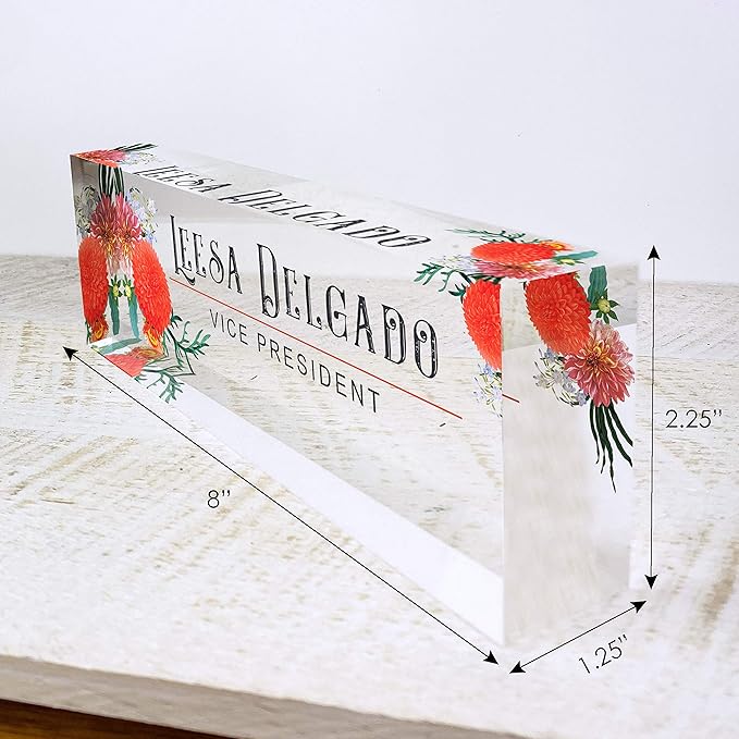 Artblox Office Desk Name Plate Personalized | Custom Name Plates for Desks | Autumn Flowers Design On Clear Acrylic Glass | Office Desk Decor - (8" x 2.5")