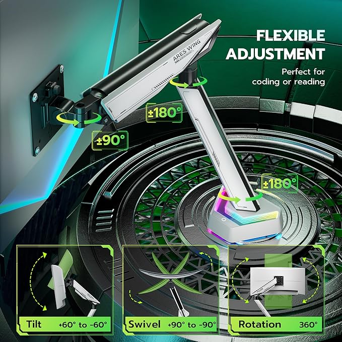 ARES WING RGB Single Monitor Arm Desk Mount for 17-45 inches Flat and Curved Monitors, Holds 35.2 lbs Heavy Duty, Adjustable Ultrawide Monitor Arm with Clamp & Grommet Base, 75/100 VESA Mount, White