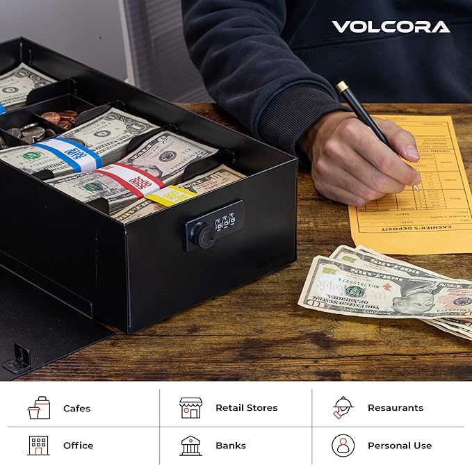 Volcora Cash Box Money Organizer - 15” x 7.5” x 4” Cashbox 5 Compartments Drawer Tray - Bills and Coin Slot with Combination Lock for POS Register, Kiosk, Retail, Personal and Business Use, Black