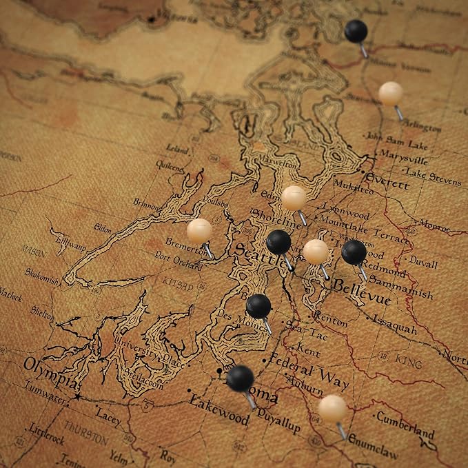 Conquest Maps Push Pin Washington Map Board - With Push Pins to Mark Washington Travels - Handmade in Ohio, USA - Design: Golden Aged
