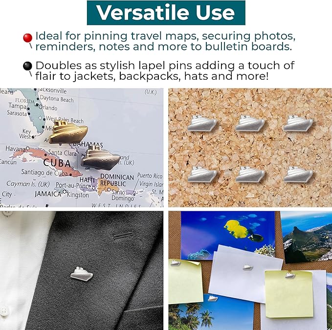 Cruise Ship Push Pins - Silver Metal Cruise Ship Pins - for Cork Board, Maps, or Lapel Pin Use - Designed in USA - Set of 10