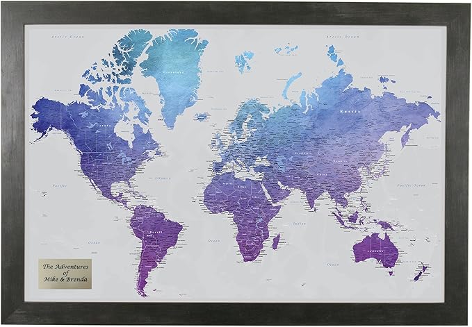 Personalized Vibrant Violet Watercolor World Travel Map with Rustic Black Frame
