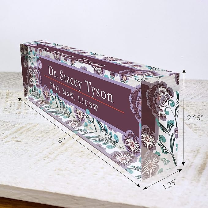 Artblox Personalized Name Plate for Desk | Vintage Design On Clear Acrylic Glass | Custom Plaque Desk Name Plate Personalized Your Name and Credentials Office Office Sign Engraved Plaque