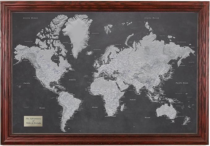 Personalized Stormy Dreams World Travel Map with Solid Wood Cherry Red Frame