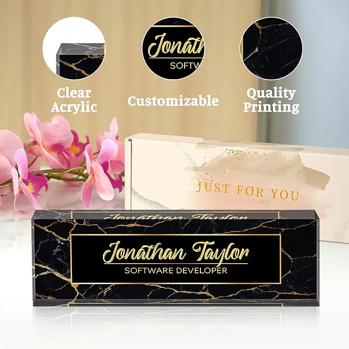 Custom Desk Name Plate Personalized, Acrylic Name Plate for Desk, Office Desk Decor for Women and Men, Employee Appreciation Gifts Office Gifts for Boss, Manager, Teacher, Nurse (Black Gold Marble)