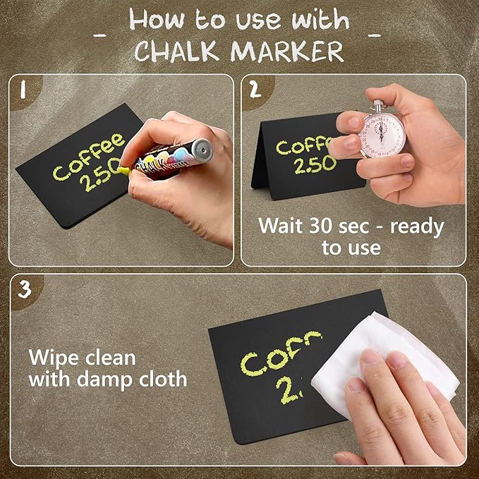 30 Pack Chalkboard Table Tents 4x3 – Reusable Food Labels for Buffet, Bakery, Catering & Party Displays – Plastic Standing Chalkboard Tags & Tabletop Signs