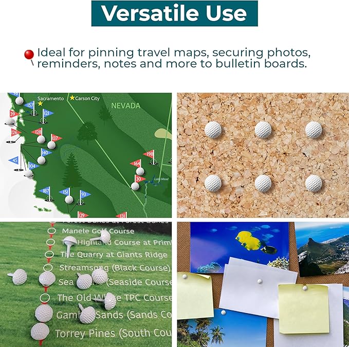 Golf Ball Push Pins for Cork Boards and Maps, Designed in The USA, Golf Ball Pins, Set of 10