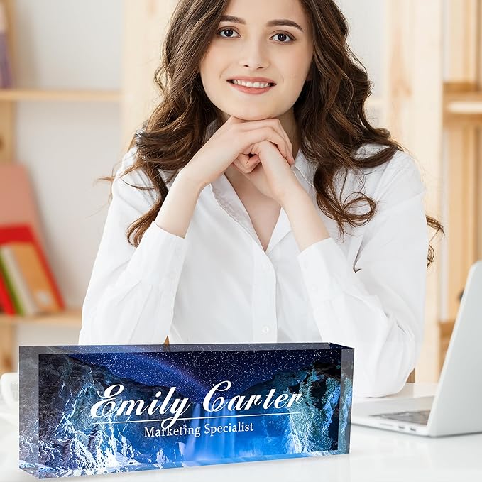 Custom Desk Name Plate Personalized, Acrylic Name Plates for Desk, Office Decor Personalized Gifts for Teacher Coworkers Boss Nurse (Glittering Blue Sea)