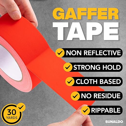 Gaffers Tape, Strong Hold, Easy to Rip, Residue-Free Professional Grade Floor Tape for Electrical Cords, Matte Finish Non Reflective, Weather Resistant (1 Pack, Red, 2" x 30 Yards)