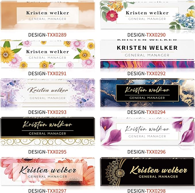 Desk Name Plate Personalized, Custom Name Plates for Desks, Office Desk Decor, Flowers Style Clear Acrylic Glass Block, Personalized Office Gifts for Women Men Boss Teachers Coworker Appreciation Gift
