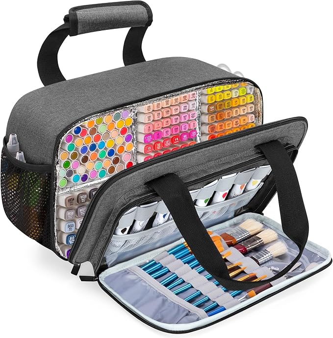 Case Organizer for up to 216 Markers, Large Bag With Carrying Handle, Holder (Length up to 5.1"), Aluminum Foil Liner Easy Cleaning, Patented Design (Grey)