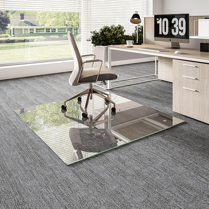 Koonmi Chair Mat for Carpet, Tempered Glass 48"x48" Office Chair Mat, Glass Floor Mat for Office Chair with Rounded and Polished Edges, Ideal for Hardwood Floor, Carpet, Office, Desk, Rolling Chair