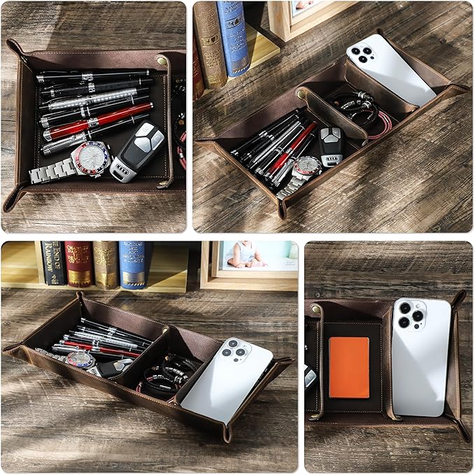 Top Grain Leather Desk Valet Tray Organizer for Man & Woman, Vintage Handmade, Foldable Flat Basket & 3 Compartments, Desk Catchall Holder for Wallet/Watches/Keys/Coins/Office Supplies, Coffee, Update