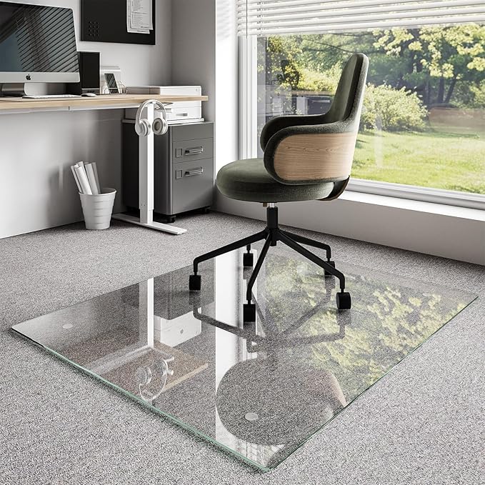 Koonmi Glass Chair Mat for Carpet, 40"x48" Office Chair Mat, Tempered Glass Chair Mat with Rounded and Polished Edges, Non-Slip Pads, Glass Floor Mat for Hardwood Floor, Carpet