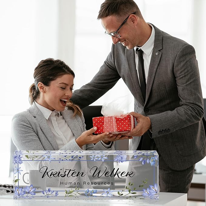 Desk Name Plate Personalized, Custom Name Plate for Desk, Office Desk Decor for Women Men, Acrylic Desk Accessories, Office Gifts for Coworkers Boss Teacher, Employee Appreciation Gifts (Blue Folwers)