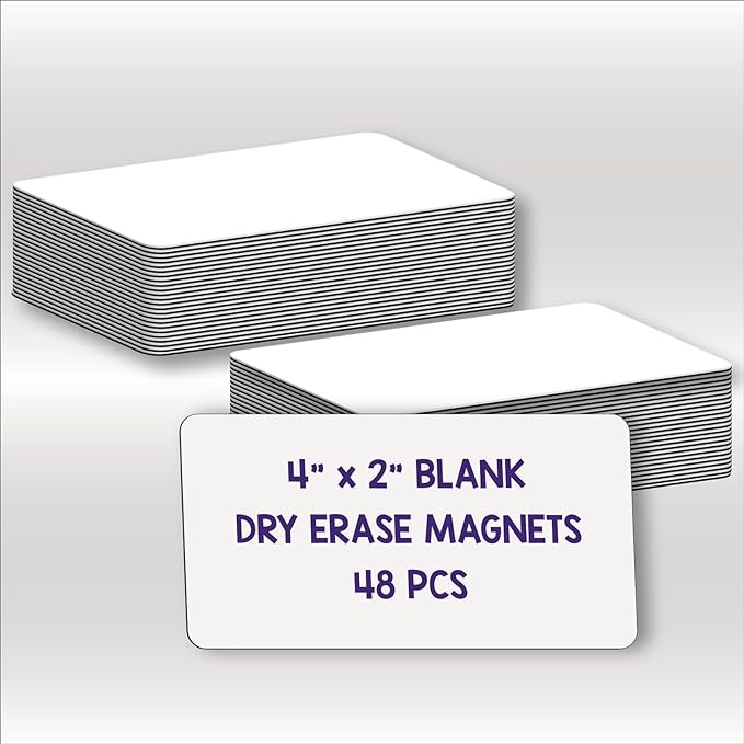 Dry Erase Magnets, Blank Magnetic Dry Erase Labels, 48-Pack, Erasable Magnets for Whiteboard, Multipurpose White Magnetic Labels to Write On for Classroom, Home, Education, Office, 4" x 2"