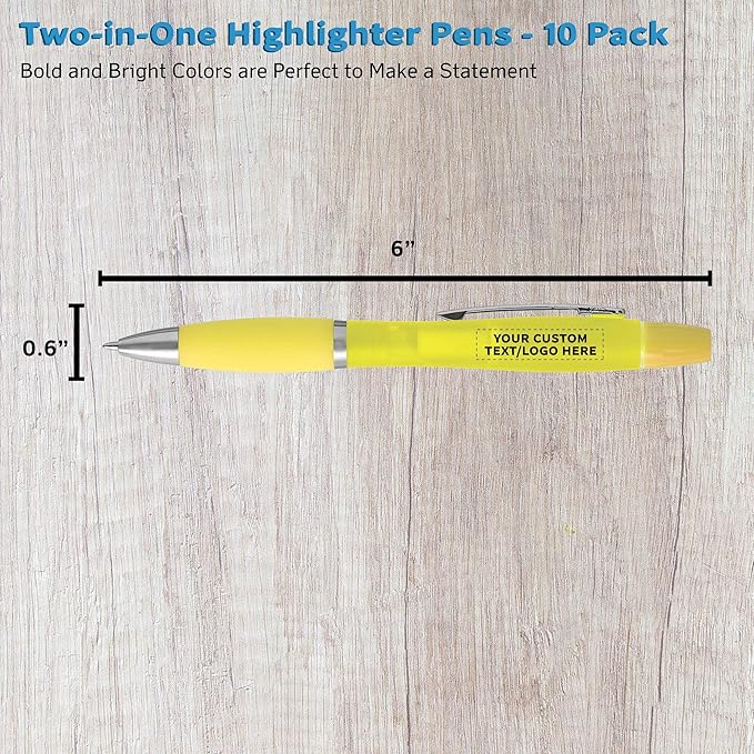 DISCOUNT PROMOS Personalized Two in one Highlighter Pens - 10 pack - Plastic Pens - Customizable Text, Logo - Yellow