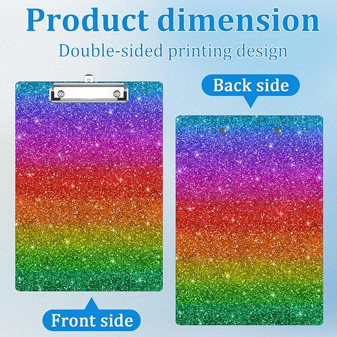 Rainbow Glitter Clipboard Decorative Clip Board with Metal Clip A4 Standard Size 12.5" X 8.7" for Teacher Students Nurses Office