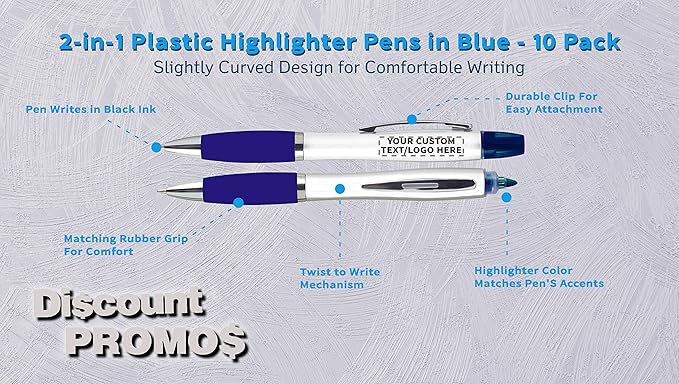 DISCOUNT PROMOS Personalized Plastic Highlighter Pens - 10 pack - Customizable Text, Logo - Blue