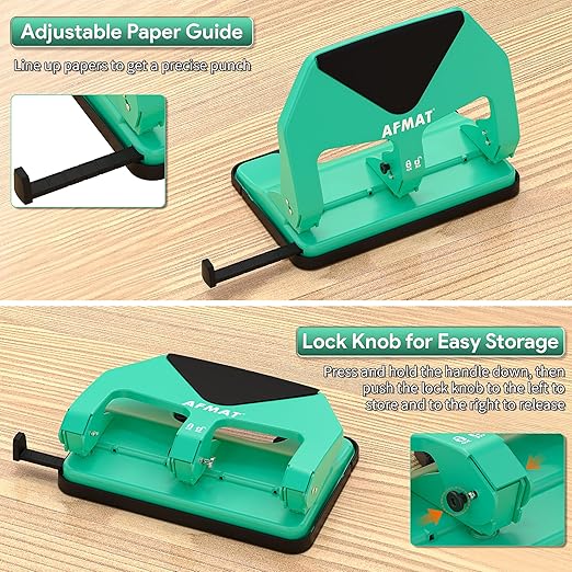 AFMAT Heavy Duty 3 Hole Punch, 50-Sheet Capacity, 50% Reduced Effort Three Hole Puncher for Binder, 10K+ Uses, Large Chip Tray, Adjustable Paper Guide, Office Metal Paper Puncher 3 Ring HP20(Green)