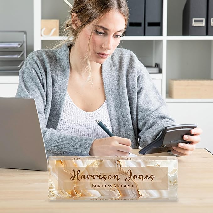 Personalized Name Plate for Desks, Custom Desk Name Plates, Acrylic Name Plate Office Desk Accessories, Personalized Office Gifts for Coworkers Teachers, Employee Appreciation Gifts (B-Gold Flowing)