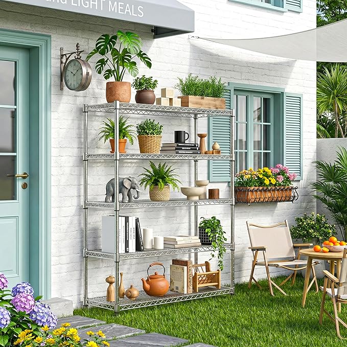 MZG 1750 lbs 5 Tier Storage Rack Metal Wire Shelving Unit, Storage Standing Household Shelf Organizer for Kitchen Pantry Closet Garage Basement Utility Room, Chrome 15.7" D x 45.3" W x 70.4" H