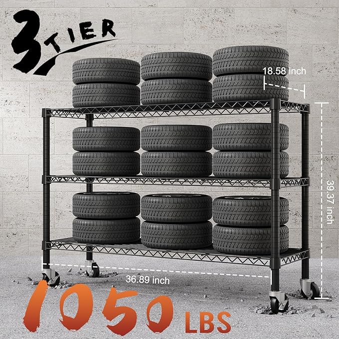 3-Tier Wire Shelving Unit with Wheels, 36.9" W x 18.6" D Heavy Duty Metal Storage Rack, Adjustable Shelves, Locking Casters, 350 lb Per Shelf (1050 lb Total) for Garage, Pantry, Kitchen