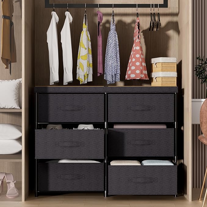 Dresser with 6 Fabric Drawer Stand Desktop Sturdy Metal Plastic Support Tube Cube Storage Cabinet for Bedroom Organization Dorm Front Hall Entryway
