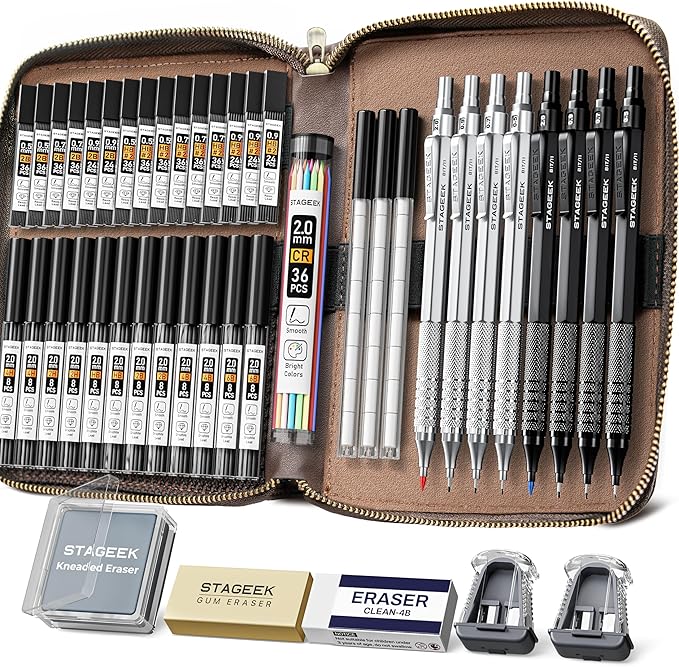 STAGEEK 45PCS Black & Silver Metal Mechanical Pencil Set in Leather Case, 0.5, 0.7, 0.9, 2.0mm Drafting Pencils with 28 Tubes(6B 4B 2B HB 2H 4H & Colors)Lead Refills for Art Drawing, Sketching,Writing