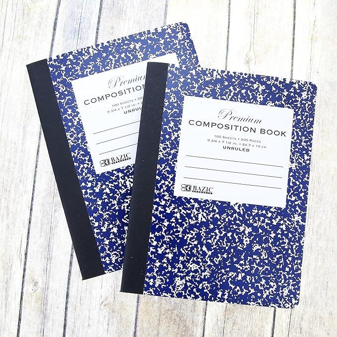 BAZIC Products Composition Book Blue Marble Unruled Ruled 100 Sheet Notebook, Blank Page Journal Comp Notebooks for School, 48-Pack