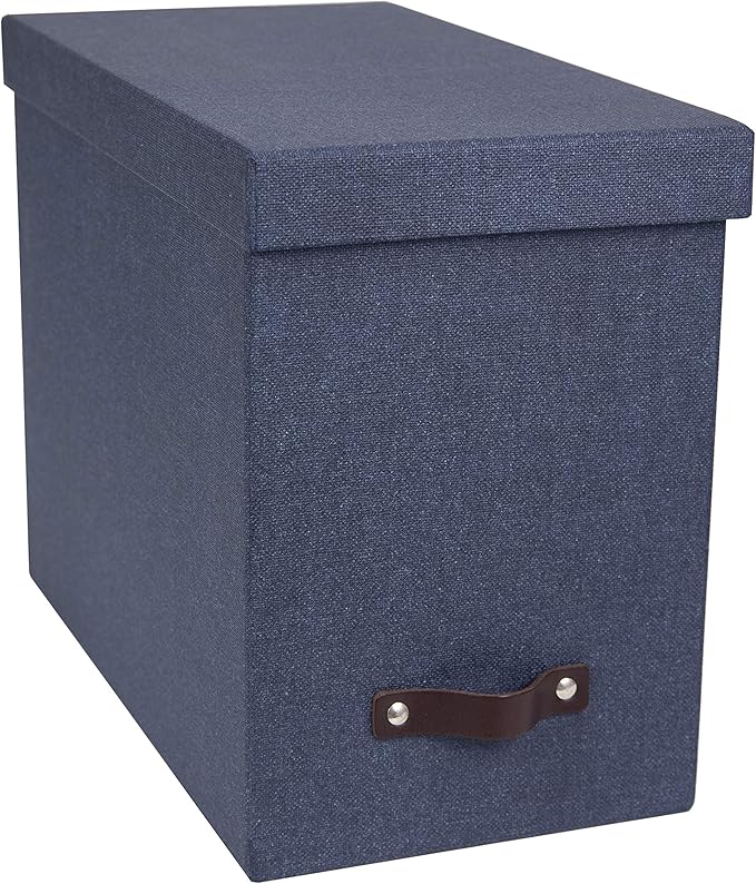 Bigso John Desktop File Box - File Storage Box and Document Organizer for Important Paperwork - Durable Hanging File Box with a Lid and Leather Handle - 7.36 in x 13.26 in x 10.51 in - Blue