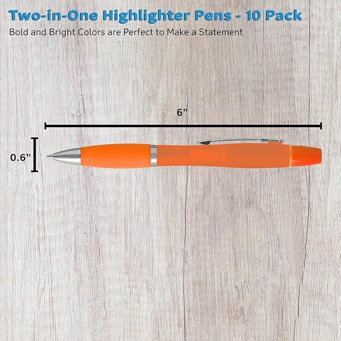 DISCOUNT PROMOS 10 Two in one Highlighter Pens Pack - Ballpoint, Silver Accents - Orange