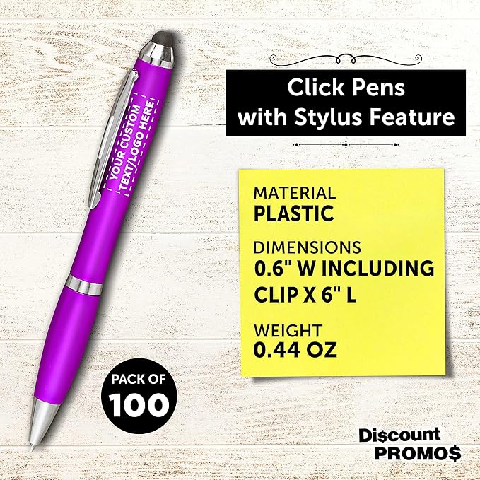 DISCOUNT PROMOS Custom Plastic Stylus Pens Set of 100, Personalized Bulk Pack - Black Ink, Great for Office, School, Business, Tradeshows, Events - Purple