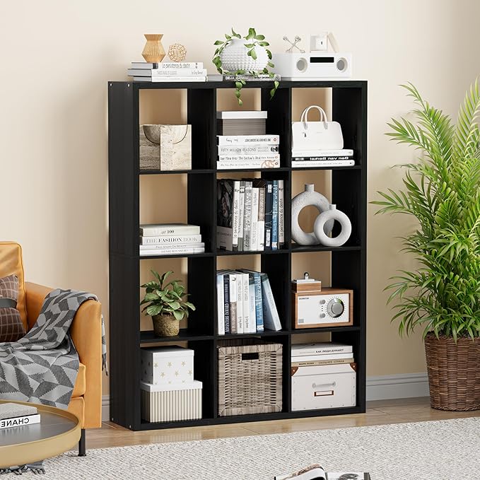 Cube Storage Organizer Bookcase, Decorative 11 inch Open Back Cubical Shelf with Thickened Border, Display Bookshelf for Living Room, Home Office, Sturdy Room (Black, 12 Cube)