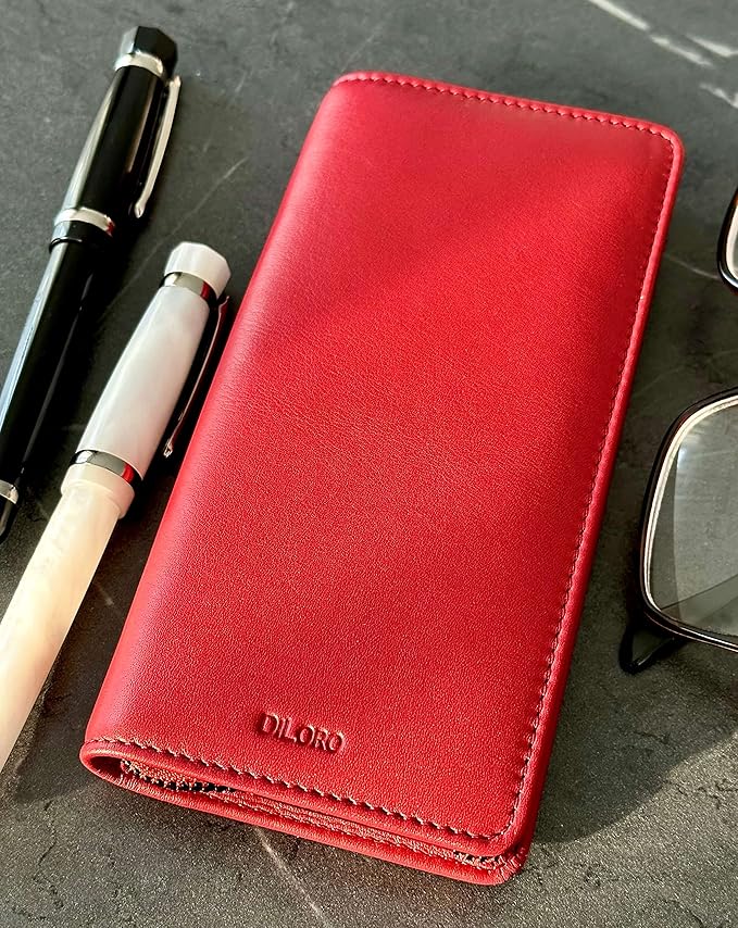 DiLoro Leather Zippered Triple or Quad Pen Case Pencil Pouch Holder for Three or Four Fountain Ballpoint Rollerball Pens or Glasses (Nappa Red)
